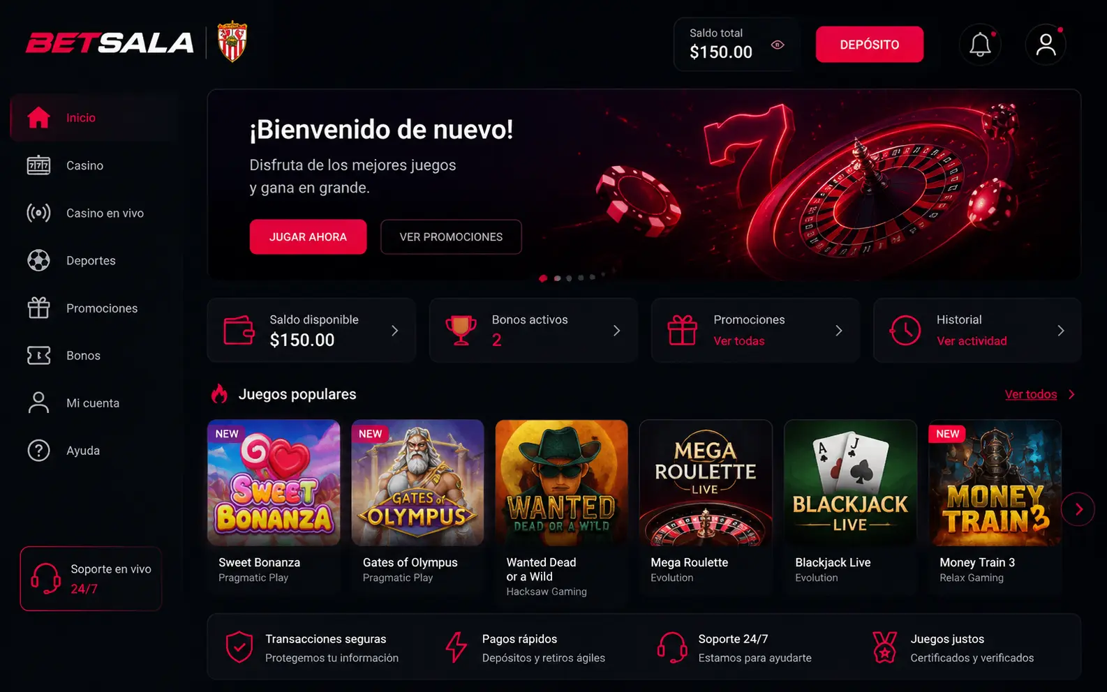 Ingreso al casino Betsala después del login 